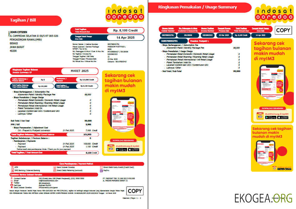 Indonesia Indosat Ooredoo utility bill template in Word and PDF formats, 2 pages